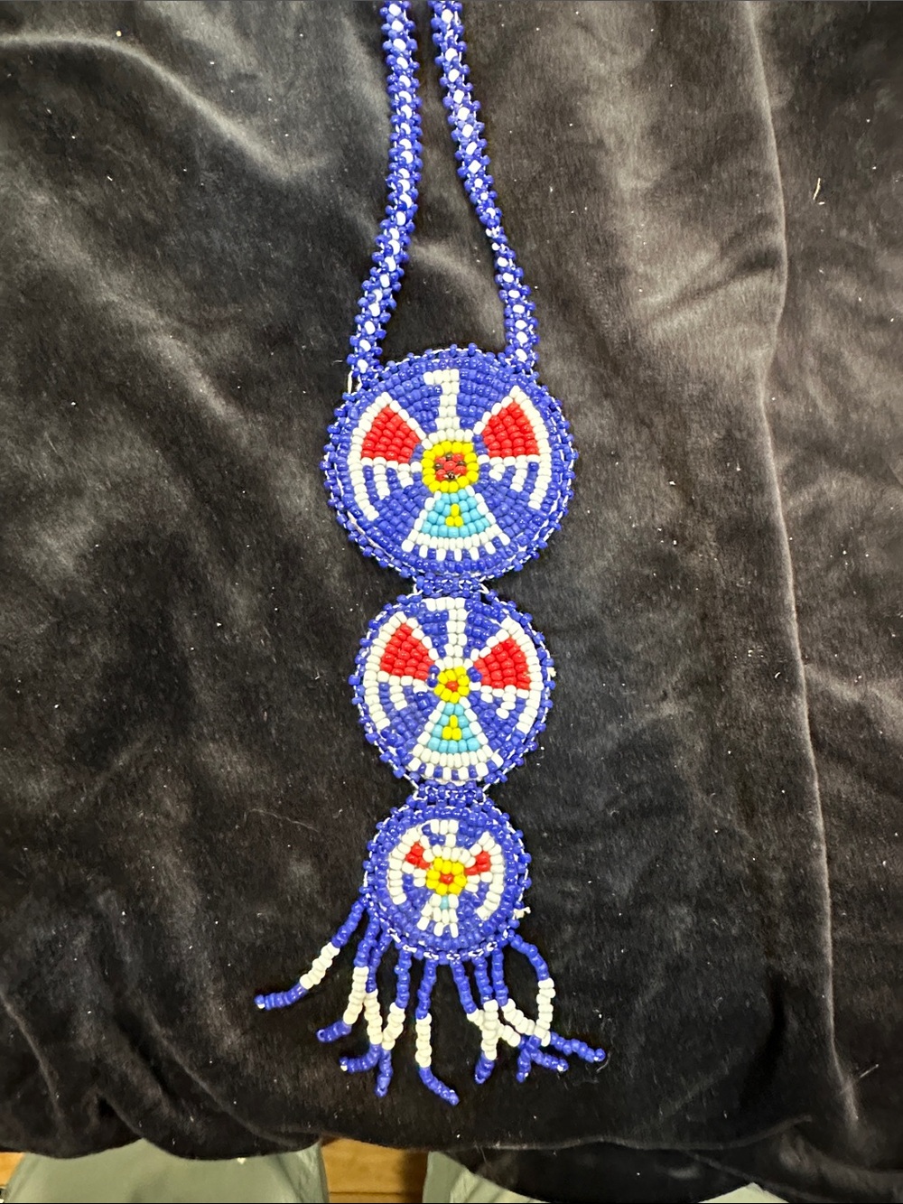 Handmade Blue Beaded Tribal Necklace with Red & Yellow Accents